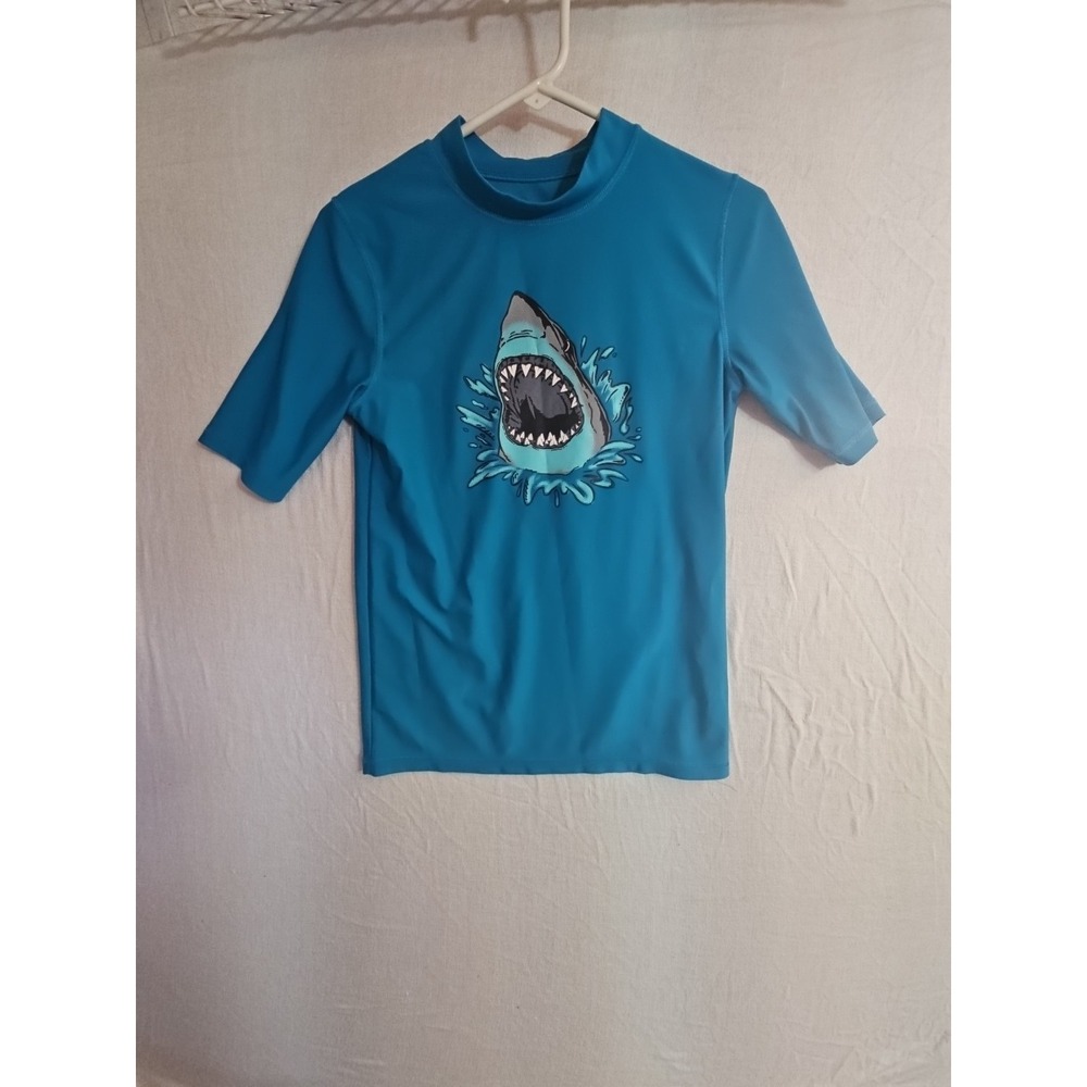 Cherokee Size XL 16 tuquoise  Blue Short Sleeve Rash Guard Shark on front
